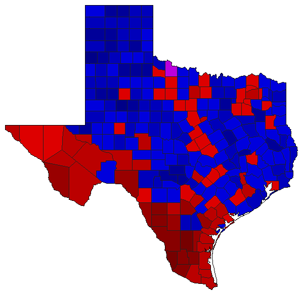 1996 Texas County Map of Democratic Runoff Election Results for Senator