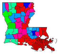1987 Louisiana County Map of Open Primary Election Results for State Treasurer