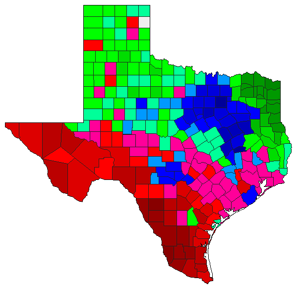 1996 Texas County Map of Democratic Primary Election Results for Senator